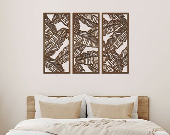 Set of 3 Panels with tropical leaves/Wooden wall decor/ Banana leaves wall art