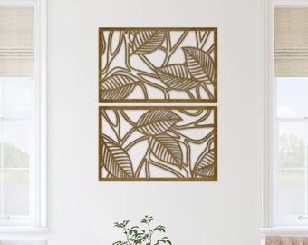 Abstract Leaf Wall Art, Nature Inspired Wooden Wall Decor with Leaves,  Large Wooden Home Decor Set of 2