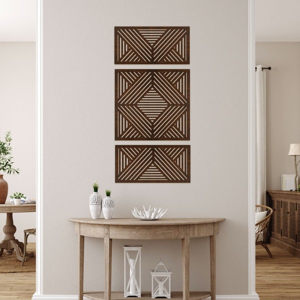 Set van 3 wandkunstpanelen, geometrische drieluik, grote houten wanddecoratie, woonkamerdecor