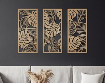 Set of 3 Monstera Wall Decor / Tropical Leaves Wooden Wall Art / Large Set of Wall Decor Panels