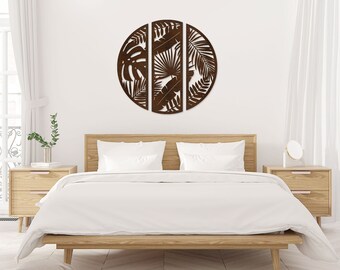 Monstera Wall Decor / Circular Wooden Wall Art Tropical Leaf / Set of 3 Panels Jungle Leaves