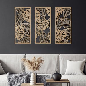 Set of 3 Monstera Wall Decor / Tropical Leaves Wooden Wall Art / Large Set of Wall Decor Panels