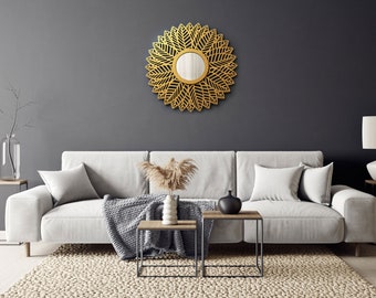 Miroir mural LIFFA 60cm, Miroir rond, Déco salon, Déco murale, Déco bois, Cadeau mariage, Cadeau anniversaire, Pendaison de crémaillère, Déco 3d