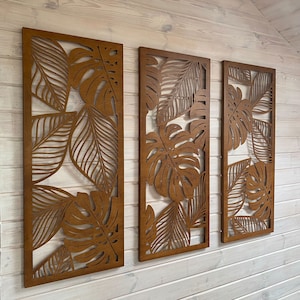 Beautiful Monstera Leaves Living Room or Bedroom Wall Decor / Set of 3 Large Wooden Wall Art Panels On Frame