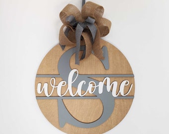 Personalized WELCOME Front Door Sign, Round Wood Porch Hanger with INITIAL, Handmade Personalized Housewarming Gift