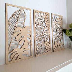 Monstera Wall Art Panels /Tropical Leaves Wall Art / Set of 3 Panels with Monstera Leaf / Botanical Living Room Decor / Large Wood Wall Art