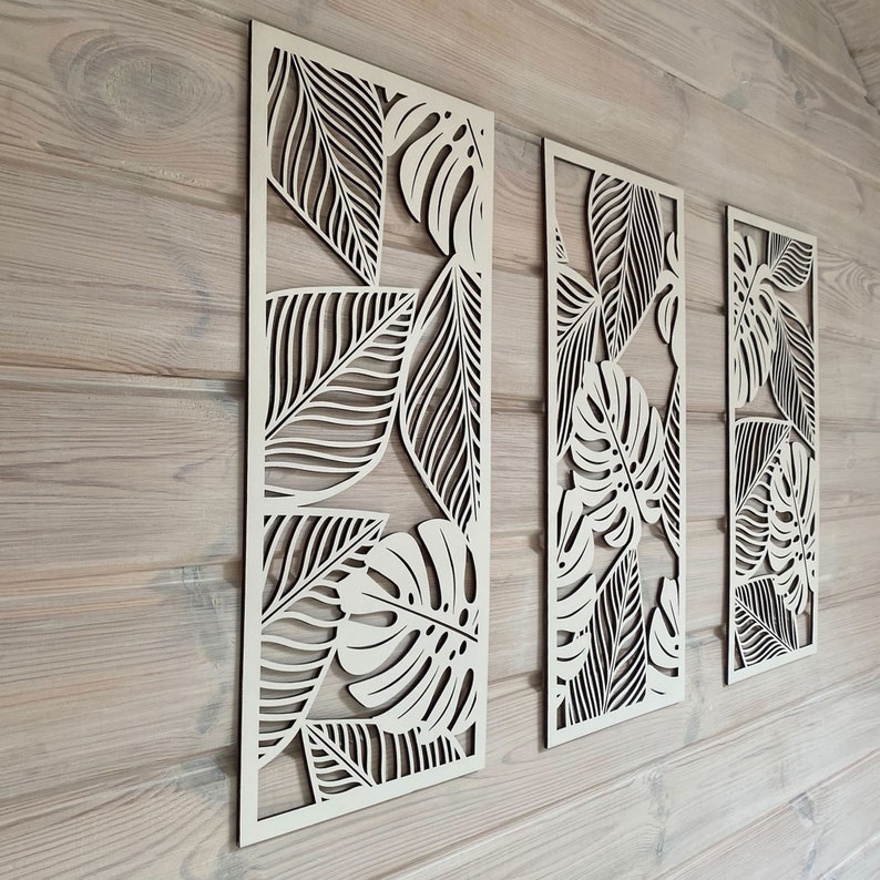 Set of 3 Monstera Wall Decor / Tropical Leaves Wooden Wall Art / Large Set of Wall Decor Panels zdjęcie 5