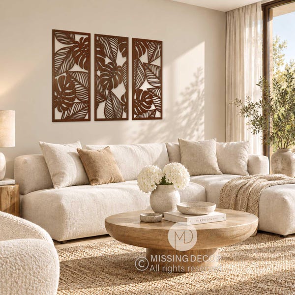 Set of 3 Monstera Wall Decor, Tropical Leaves Wooden Wall Art, Large Set of Wall Decor Panels