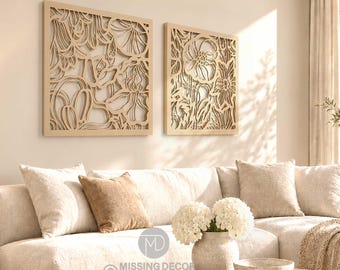 Gardenia Wooden Wall Decor: Laser Cut Birch Panels, Set of 2