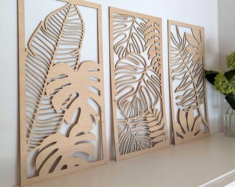 Monstera Wall Art Panels /Tropical Leaves Wall Art / Set of 3 Panels with Monstera Leaf / Botanical Living Room Decor / Large Wood Wall Art