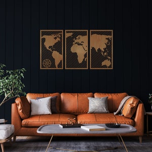 Mapa del mundo de madera / conjunto de 3 paneles