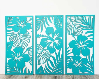 Set of 3 Hibiscus Flowers Wall Decor, Large Tropical Leaves Wooden Wall Art