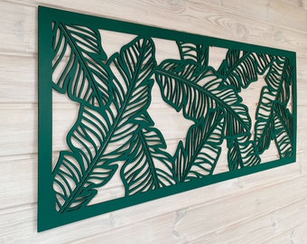 Tropical Leaves Wooden Wall Art, Large Decorative Panel Banana Leaf