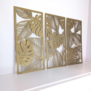 Set of 3 Monstera Wall Decor / Tropical Leaves Wooden Wall Art / Large Set of Wall Decor Panels