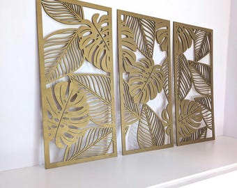 Set of 3 Monstera Wall Decor / Tropical Leaves Wooden Wall Art / Large Set of Wall Decor Panels