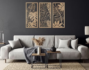 Monstera Wall Art Panels /Tropical Leaves Wall Art / Set of 3 Panels with Monstera Leaf / Botanical Living Room Decor / Large Wood Wall Art