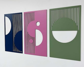 Abstract Minimalist Wall Decor, Modern Geometric Wall Hanging, Set of 3 Wood Panels
