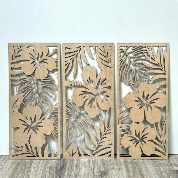 Set of 3 Hibiscus Flowers Wall Decor, Large Tropical Leaves Wooden Wall Art