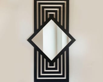 Espelho de parede geométrico de madeira, peça decorativa grande e marcante.
