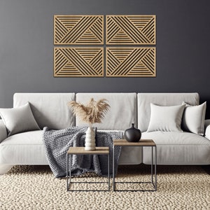 Set of 4 Wall Panels, Geometric Wooden Wall Decorations, Large Living Room Decor