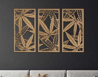 Cannabis Wall Decor / Marihuana Wooden Wall Art / Set of 3 Panels with Leaves / Wooden Wall Decor Cannabis Leaf