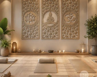 Wooden Lotus, Buddha & Om Wall Art, 3 Pieces Large Boho Spiritual Home Decor