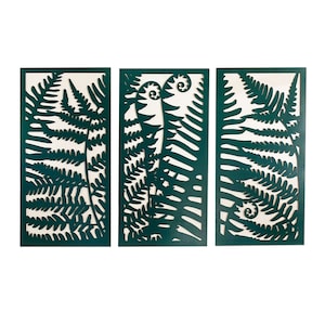 Large Wooden Wall Art FERNS, Decorative Triptych, Wood Panel Set of 3 Panels, Living Room Wall Decor