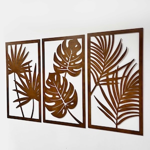 Monstera Wall Decor, Wooden Tropical Leaves Wall Art, Large Set of 3 Panels