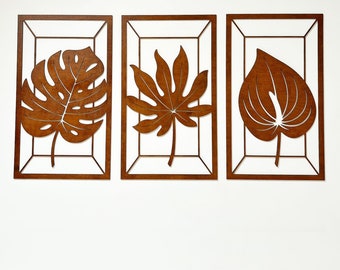 Elegante set van 3 houten botanische panelen/Monstera bladkunstpanelen/Tropische bladeren wanddecor/Houten bladeren kunst aan de muur