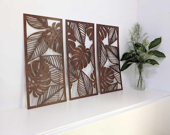 Monstera leaf wall art, Set of 3 Monstera wall decor, Wooden wall home decor