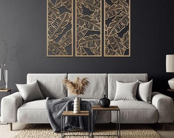 Tropical Banana Leaf Wall Art: Wooden Panel Set of 3