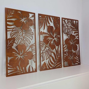 Set of 3 Hibiscus Flowers Wall Decor, Large Tropical Leaves Wooden Wall Art