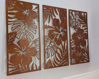 Set of 3 Hibiscus Flowers Wall Decor, Large Tropical Leaves Wooden Wall Art
