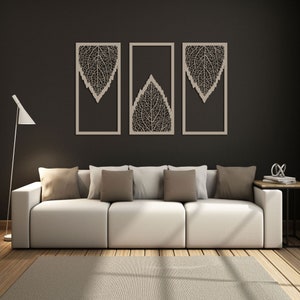 Large Wooden Wall Art, Decorative Triptych Leaves, Wall Decor Wood Panel Set, Living Room Decor