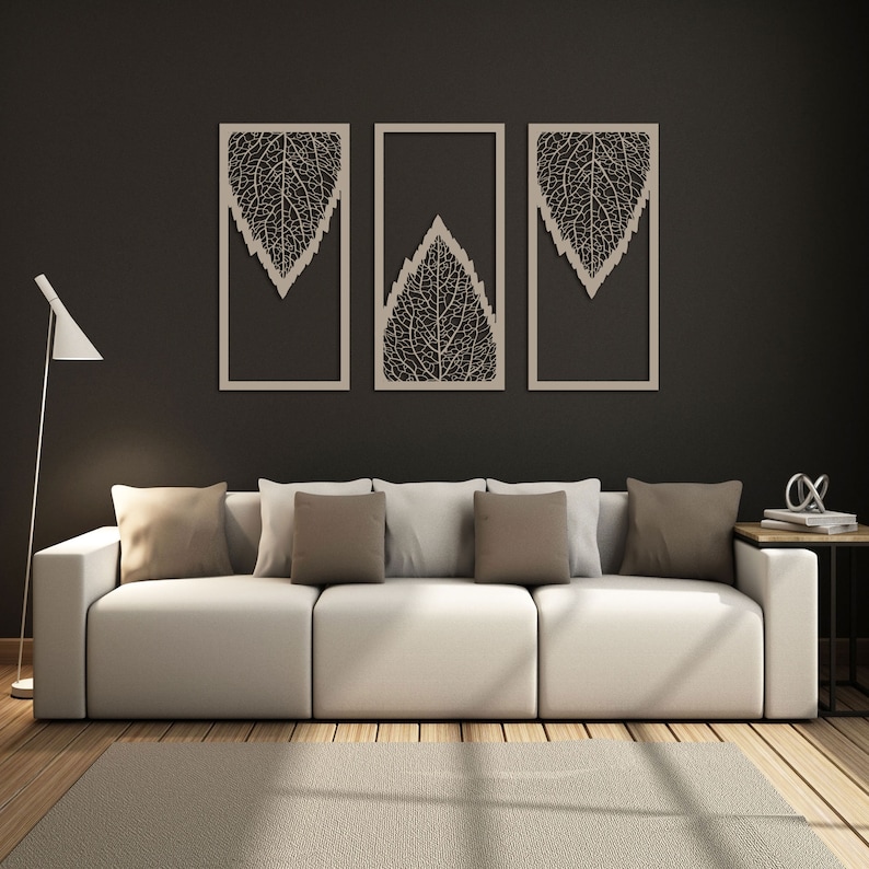 Large wooden wall art decorative triptych leaves wall decor etsy uk
