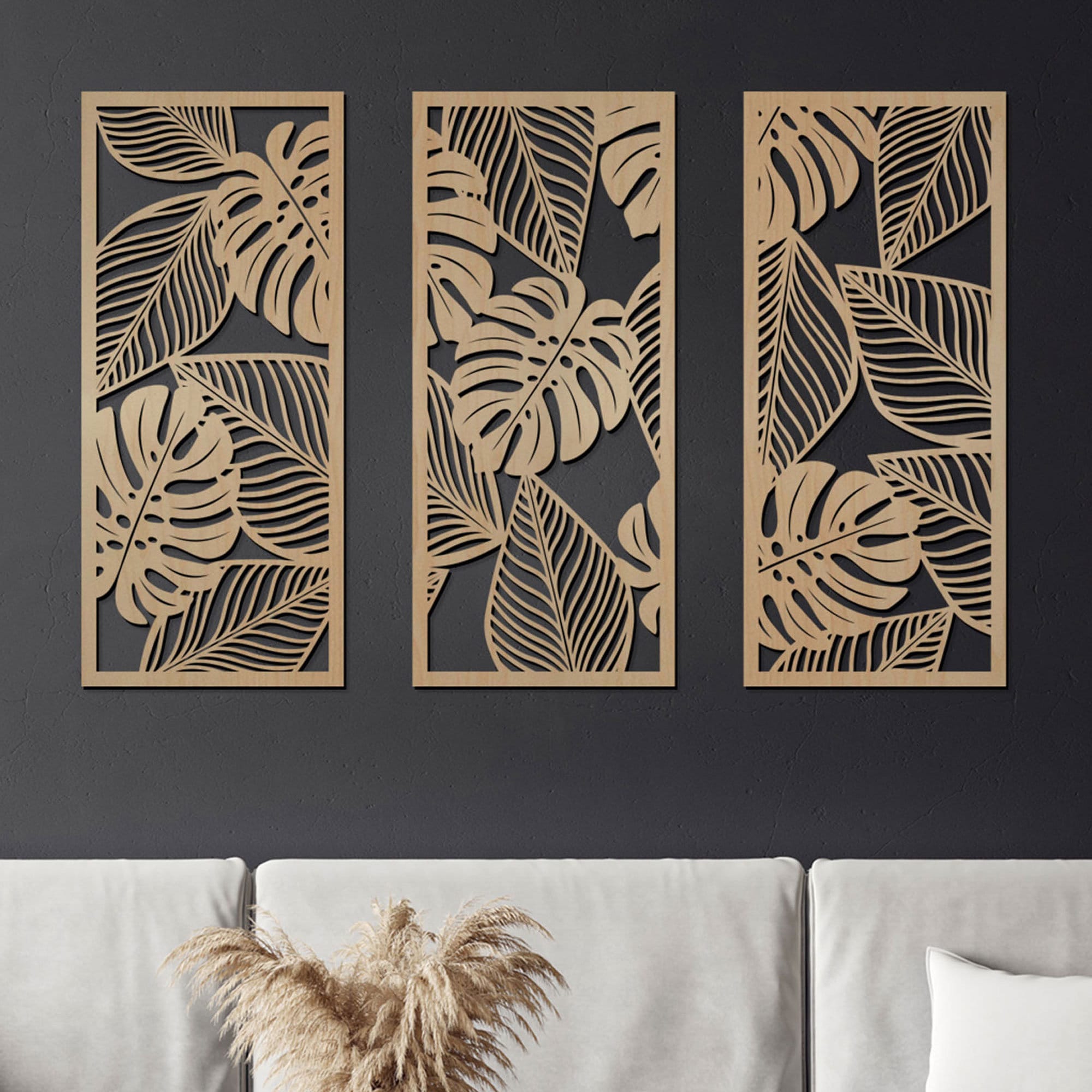 Set of 3 Large Wooden Wall Art Panels on Frames, Beautiful Living Room or  Bedroom Wall Decor, Leaves Theme 