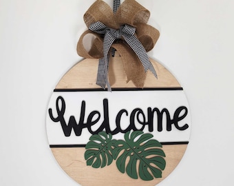 Monstera Welcome Front Door Sign, Round Tropical Leaf Door Hanger, Wood 3d Porche Sign, Door Wreath Alternative