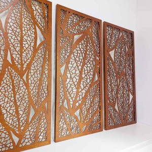 Set of 3 Large Wooden Wall Art Panels On Frames, Beautiful Living Room or Bedroom Wall Decor, Leaves Theme