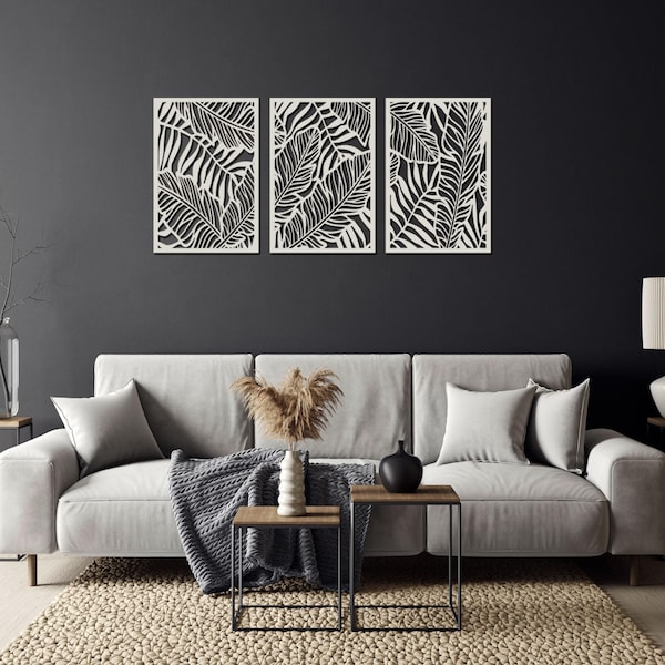 Houten muurkunst tropisch blad: set van 3 palmbladpanelen