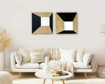 Conjunto de 2 espelhos de parede / Espelhos geométricos quadrados de madeira / Espelho moderno minimalista