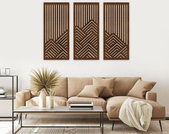 Geometric Mountain Wall Decor Wood, Minimalist Extra Large Wall Art, Set of 3 Panels