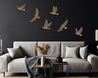 Wooden Flying Birds Wall Decor: Set of 6 Birch Wood Hangings