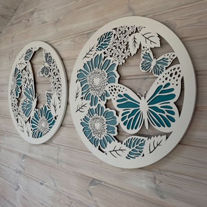 Nursery Butterfly Wall Decor / 2 Framed Wall Art with Flowers and Butterfly / Round Botanical Wall Decor Wood / 2 Layers Wooden Wall Panels