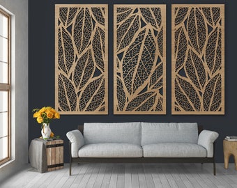 Set of 3 Large Wooden Wall Art Panels On Frames, Beautiful Living Room or Bedroom Wall Decor, Leaves Theme