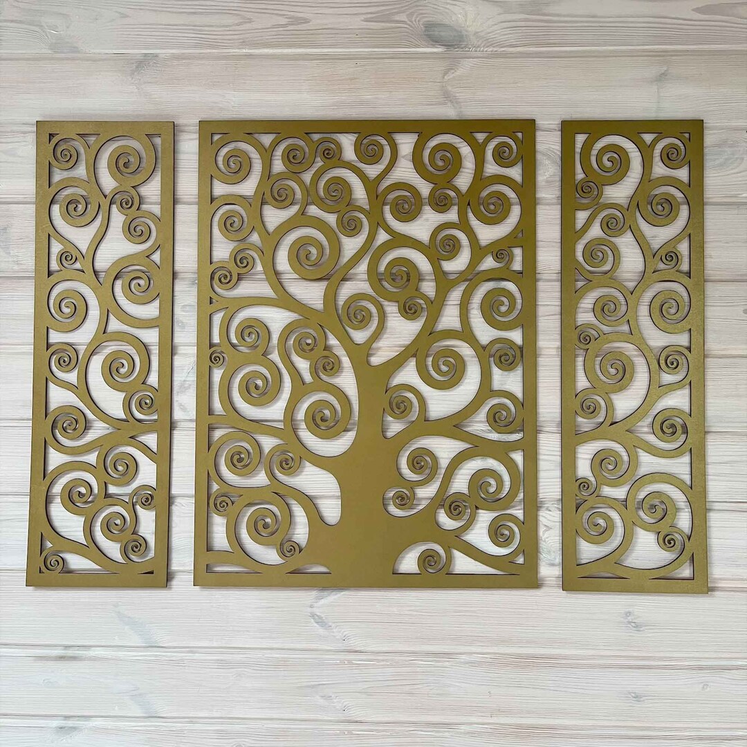 Large Set of 3 Panels Tree, Tree Wooden Decor, Golden Tree Wall Art Etsy