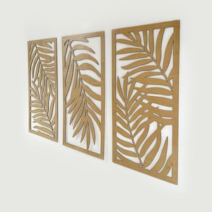 Wooden Palm Leaf Wall Decor, Set of 3 Tropical Leaves Panels, Botanical Wall Art