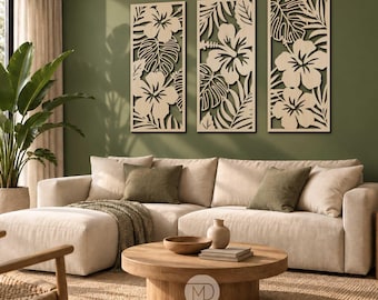 Hibiskus Blumen Wandbild 3er Set, tropische Blätter aus Holz, Boho Hawaii Wohnzimmer Wanddeko aus Birkensperrholz, Einzugsgeschenk