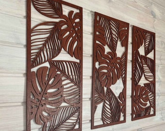 Set of 3 Monstera Wall Decor / Tropical Leaves Wooden Wall Art / Large Set of Wall Decor Panels