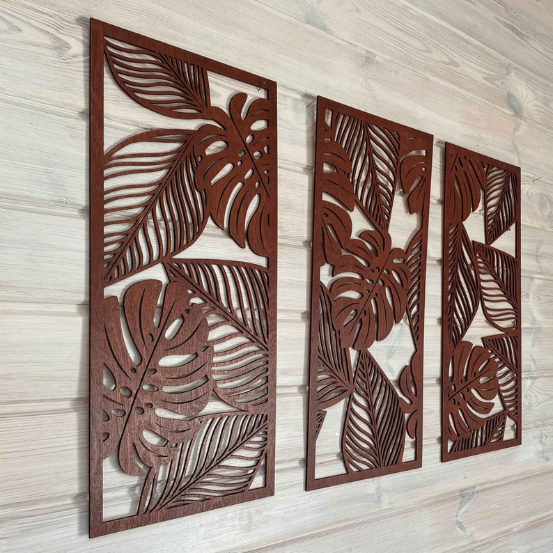 Set of 3 Monstera Wall Decor / Tropical Leaves Wooden Wall Art / Large Set of Wall Decor Panels zdjęcie 2