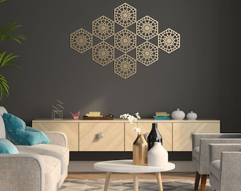 Set of 9 Wooden wall panels / Arabesque wall decoration /  Moroccan wall decor / Living room, bedroom wall hanging